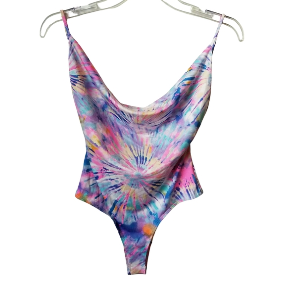 Y2K Bodysuit Sunburst Tie Dye 90's High Waist Coachella Backless Ravecore Sz MED - Picture 1 of 3